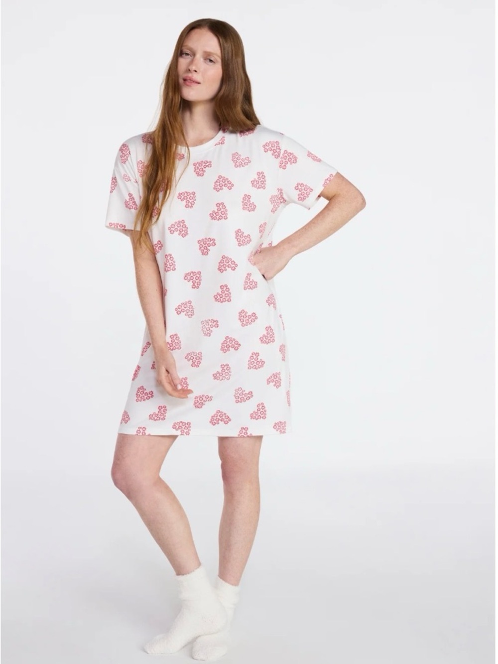 White Knit T-Shirt Dress with Pink Heart Print